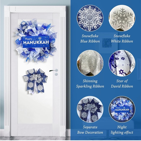 Happy Hanukkah🕎Chanukah🕎Lighted Door 18 inch Wreath w Bows🎀 - Picture 8 of 12